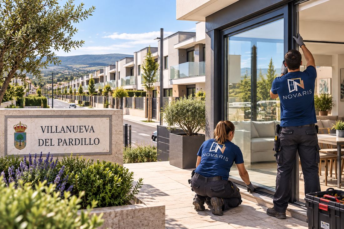 Instaladores de Novaris montando una corredera en un adosado de Villanueva del Pardillo