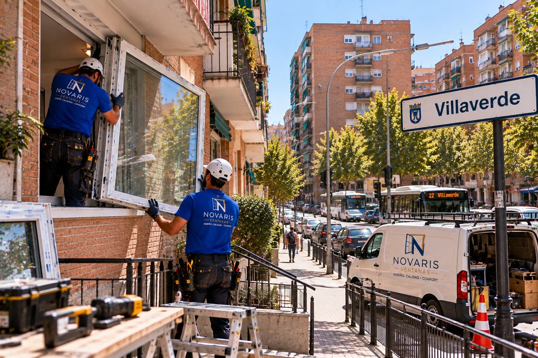 Instaladores de Novaris colocando una ventana en un piso de Villaverde, con la avenida y la furgoneta al fondo